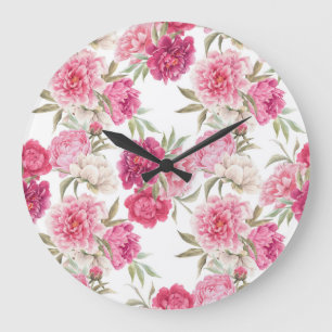 Watercolor Pink Peonies: Floral Elegance Large Clock