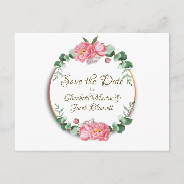 Watercolor Pink  Peonies Floral Save the Date Postcard (Front)