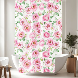 Watercolor Pink Peonies Floral  Shower Curtain