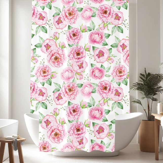 Watercolor Pink Peonies Floral  Shower Curtain (Creator Uploaded)