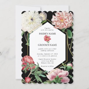 Watercolor Pink Peonies Flowers Wedding Black Invitation