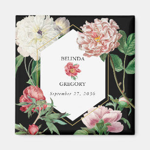 Watercolor Pink Peonies Flowers Wedding Black Magnet