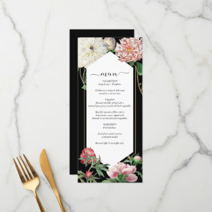 Watercolor Pink Peonies Flowers Wedding Black Menu