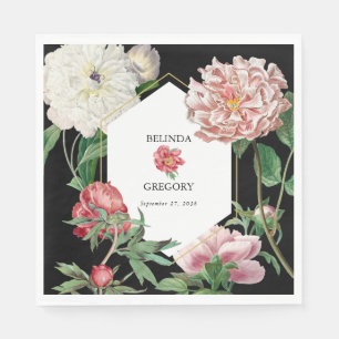 Watercolor Pink Peonies Flowers Wedding Black Napkin