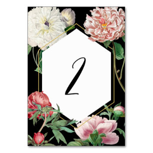 Watercolor Pink Peonies Flowers Wedding Black Table Number