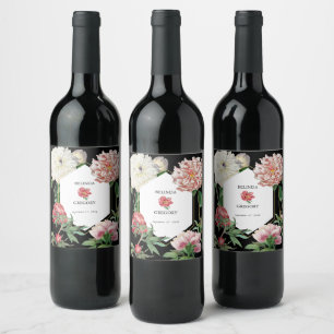 Watercolor Pink Peonies Flowers Wedding Black Wine Label