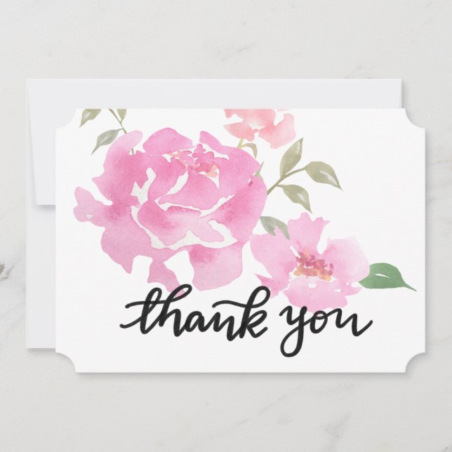 Watercolor Pink Peonies Flowers Wedding Thank You Card (Front)