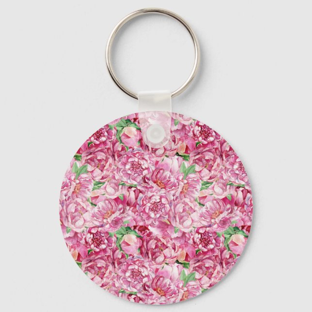 Watercolor Pink Peonies Key Ring (Front)