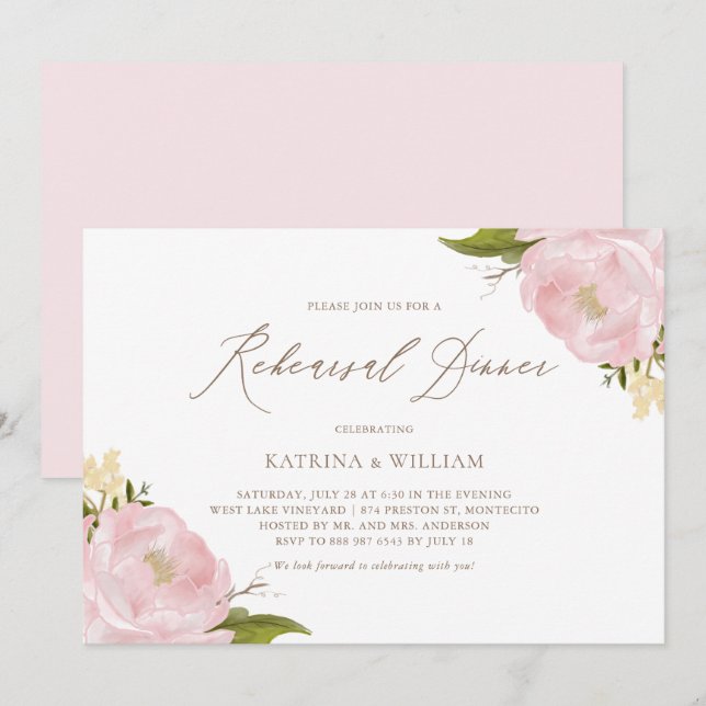 Watercolor Pink Peonies Rehearsal Dinner Invitation (Front/Back)