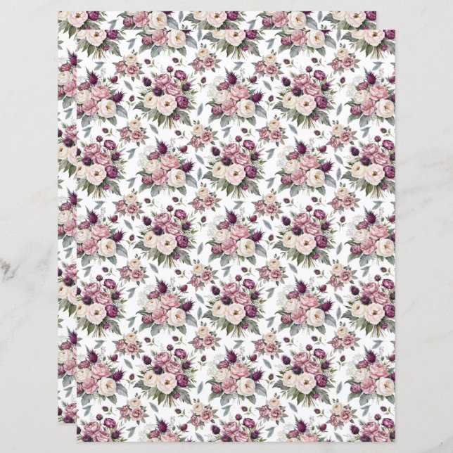 Watercolor Pink Peonies Scrapbook Paper (Front/Back)