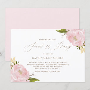 Watercolor Pink Peonies Sweet Sixteen Invitation