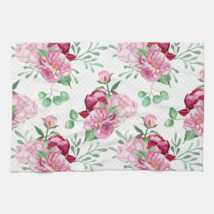 watercolor pink peonies tea towel