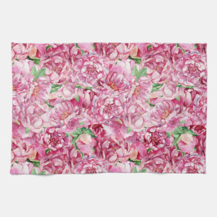 Watercolor Pink Peonies Tea Towel