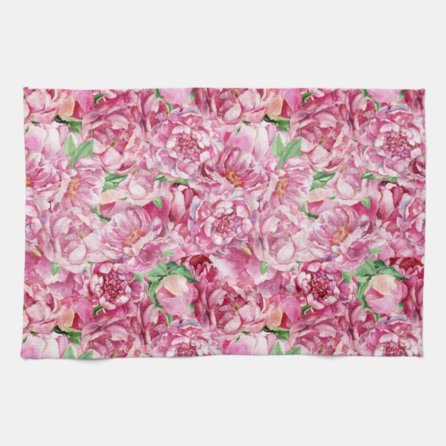 Watercolor Pink Peonies Tea Towel (Horizontal)