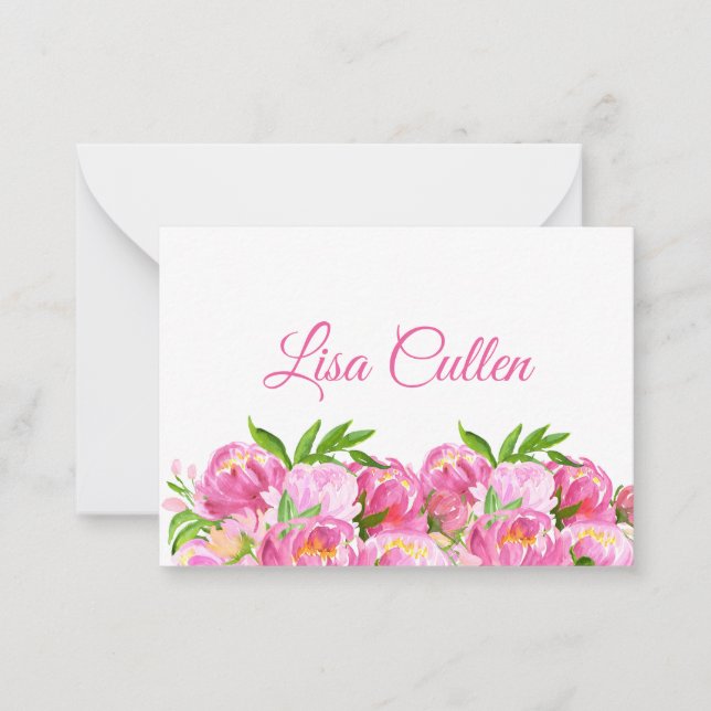 Watercolor Pink Peonies Thank You Script Card (Front)