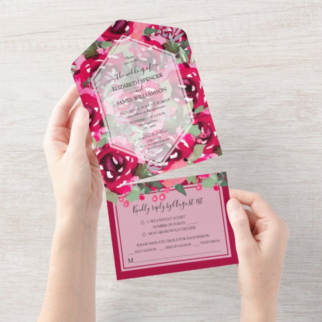 Watercolor Pink Peonies Wedding All In One Invitation (Tearaway)
