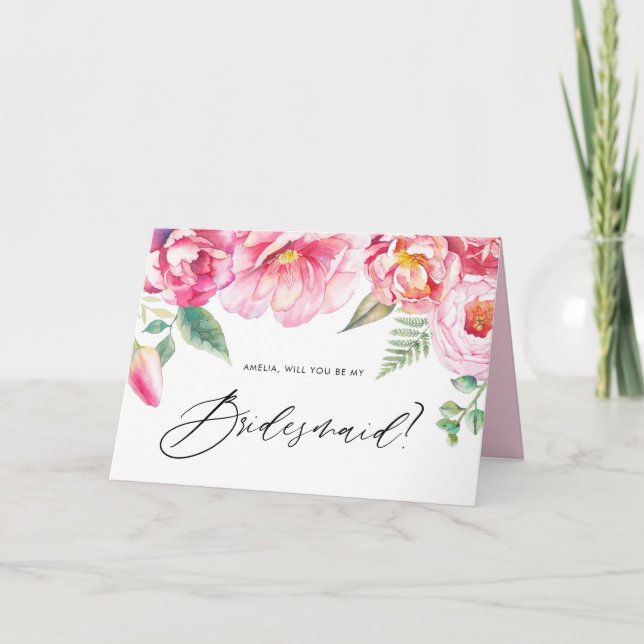 Watercolor Pink Peonies Will You Be My Bridesmaid Card (Front)