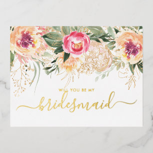 Watercolor Pink Peonies Will You Be My Bridesmaid  Foil Invitation Postcard