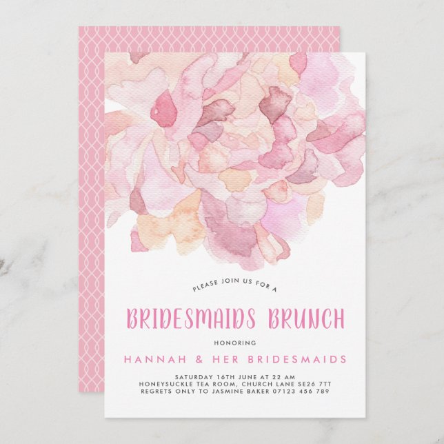 Watercolor Pink Peony Bridesmaids Brunch Invite (Front/Back)