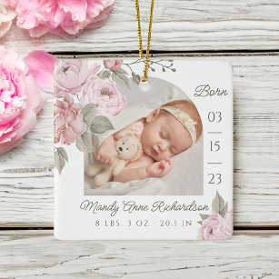 Watercolor Pink Peony Floral Baby Birth Stat Photo Ceramic Ornament