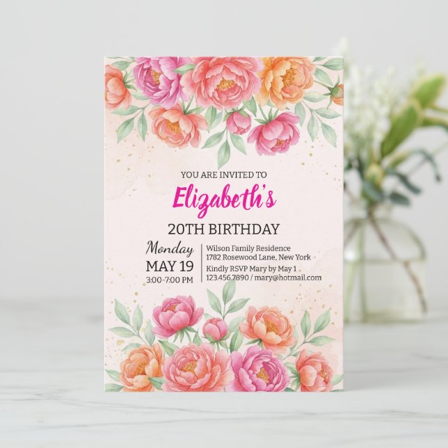Watercolor Pink Peony Floral Birthday Invitation (Standing Front)