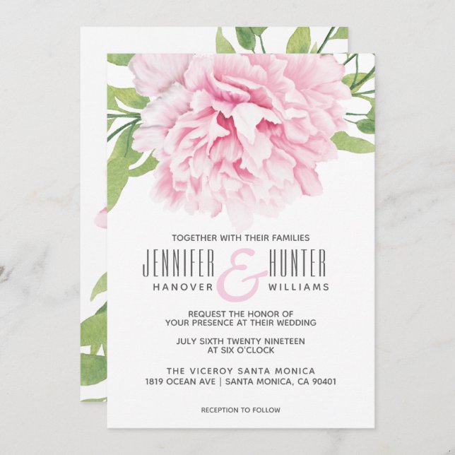 Watercolor Pink Peony Floral | Wedding Invitation (Front/Back)