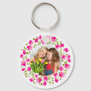 Watercolor Pink Peony Floral Wreath Monogram Key Ring