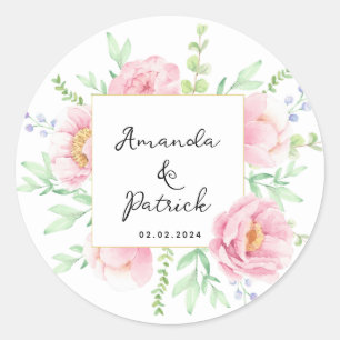Watercolor Pink Peony Flowers Wedding Party Classic Round Sticker