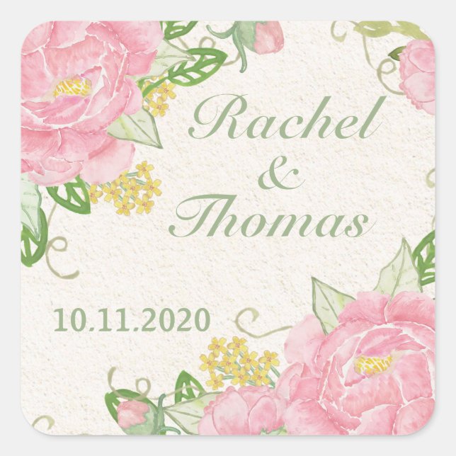 Watercolor pink peony on wood Wedding Sticker (Front)