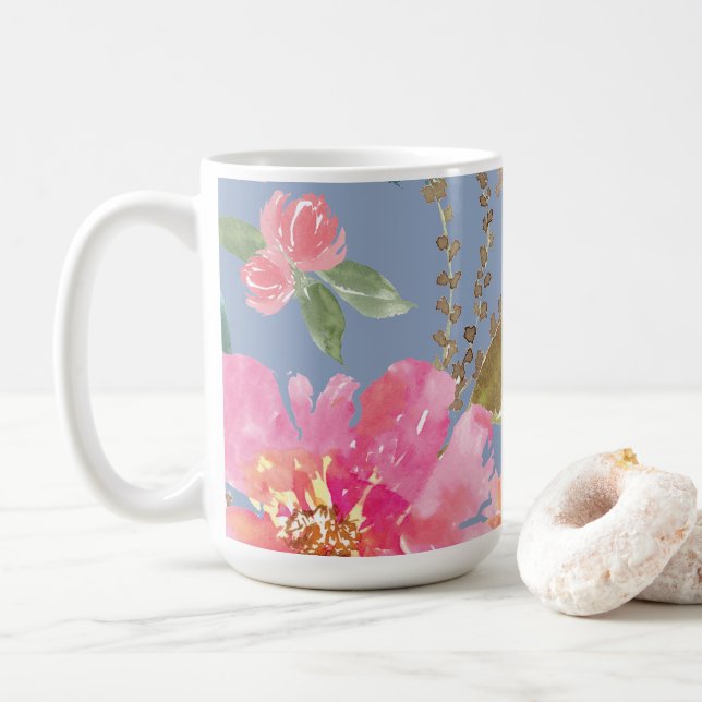 Watercolor Pink Peony Pattern Coffee Mug (With Donut)