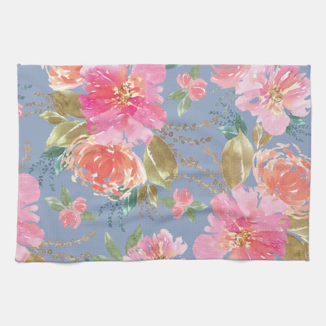 Watercolor Pink Peony Pattern Tea Towel (Horizontal)