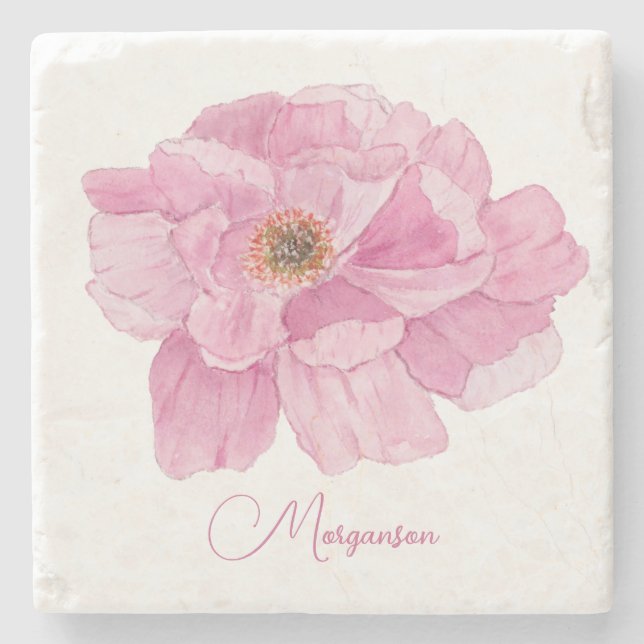 Watercolor Pink Peony  Stone Coaster (Front)