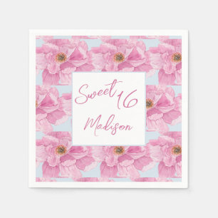 Watercolor Pink Peony Sweet 16 Party Napkin