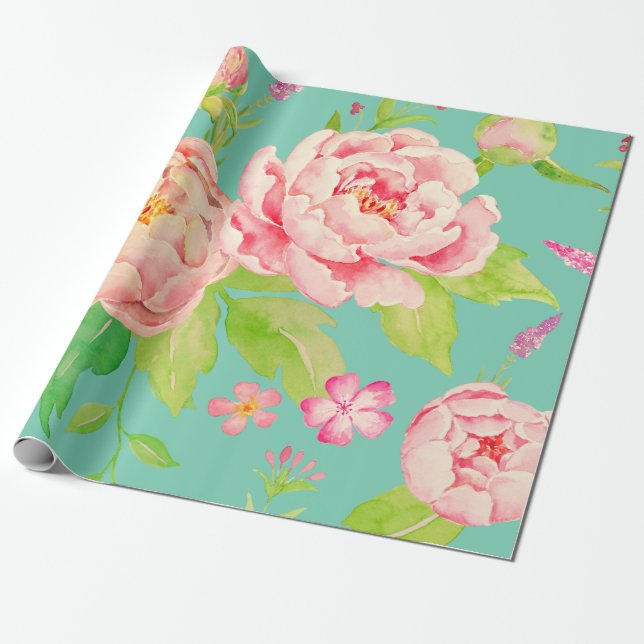 Watercolor pink peony Wrapping paper (Unrolled)