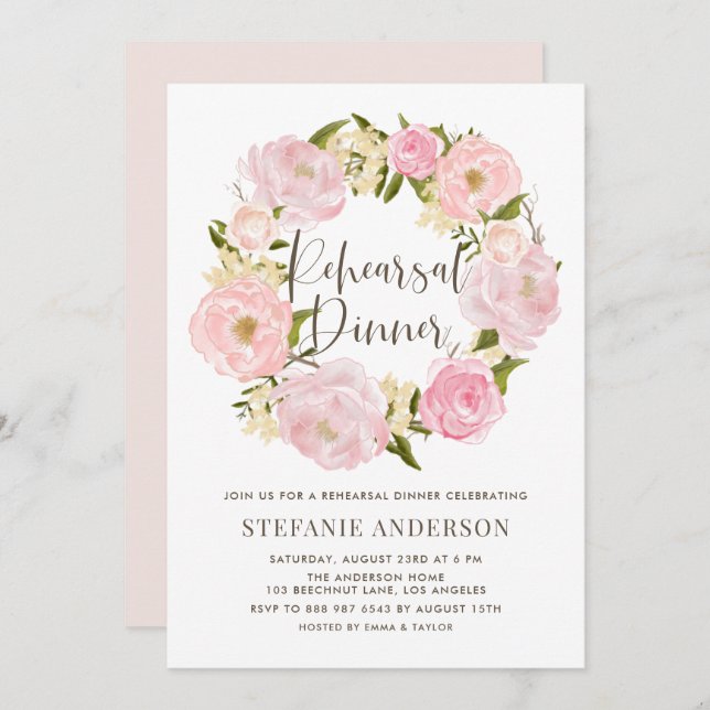 Watercolor Pink Peony Wreath Rehearsal Dinner Invitation (Front/Back)
