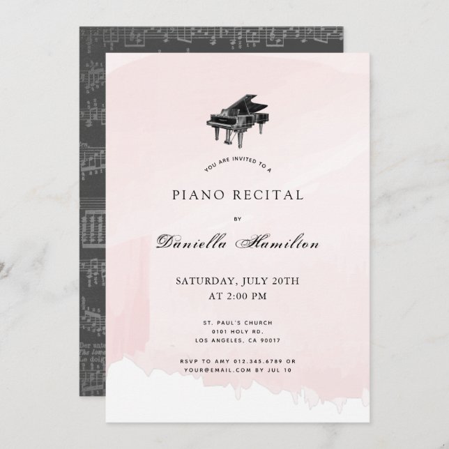 Watercolor Pink Piano Recital  Invitation (Front/Back)