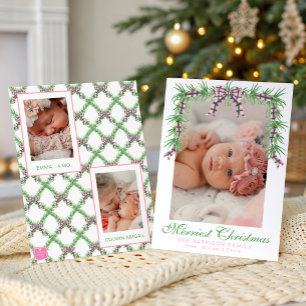 Watercolor Pink Plaid Bow Garland Swag Photo Holiday Card