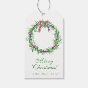 Watercolor Pink Plaid Bow Wreath Gift Tags