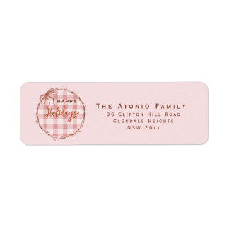 Watercolor Pink Plaid Wreath Happy Holiday  Return Address Label