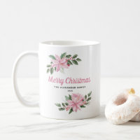 Watercolor Pink Poinsettia and Berries Christmas