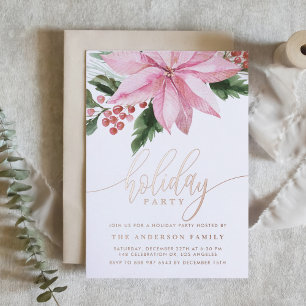 Watercolor Pink Poinsettia and Holly Holiday Party