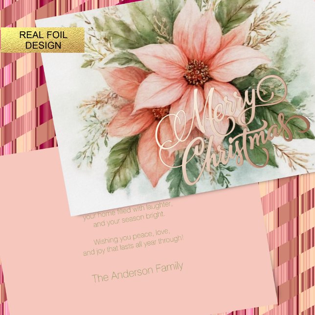 Watercolor Pink Poinsettia Christmas Foil Holiday Card (Creator Uploaded)