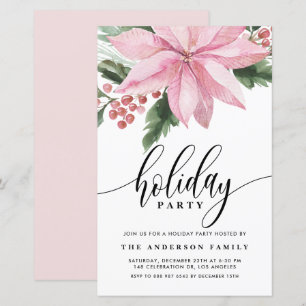 Watercolor Pink Poinsettia Holiday Invitation