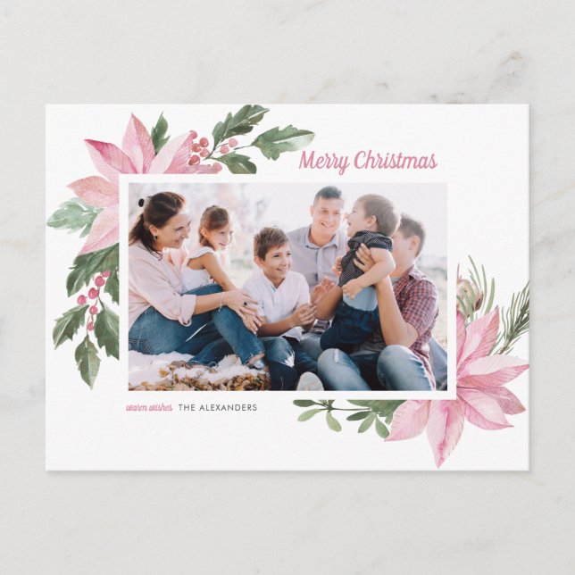 Watercolor Pink Poinsettia Merry Christmas Photo Holiday Postcard (Front)