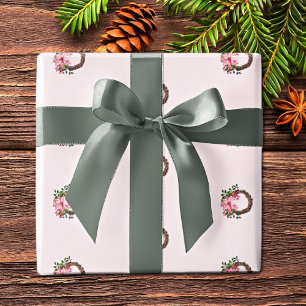 Watercolor Pink Poinsettia Wreath Pattern Wrapping Paper