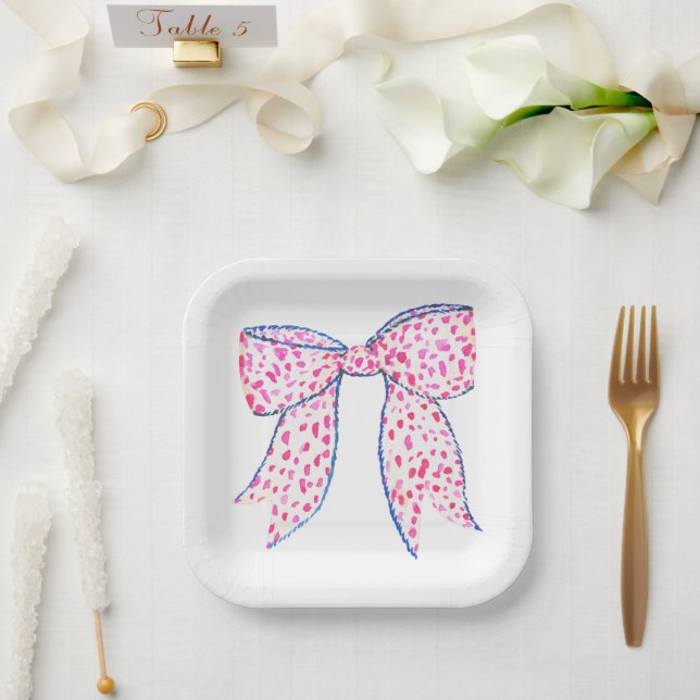 Watercolor Pink Polka Dot Bow Paper Plate (Wedding)