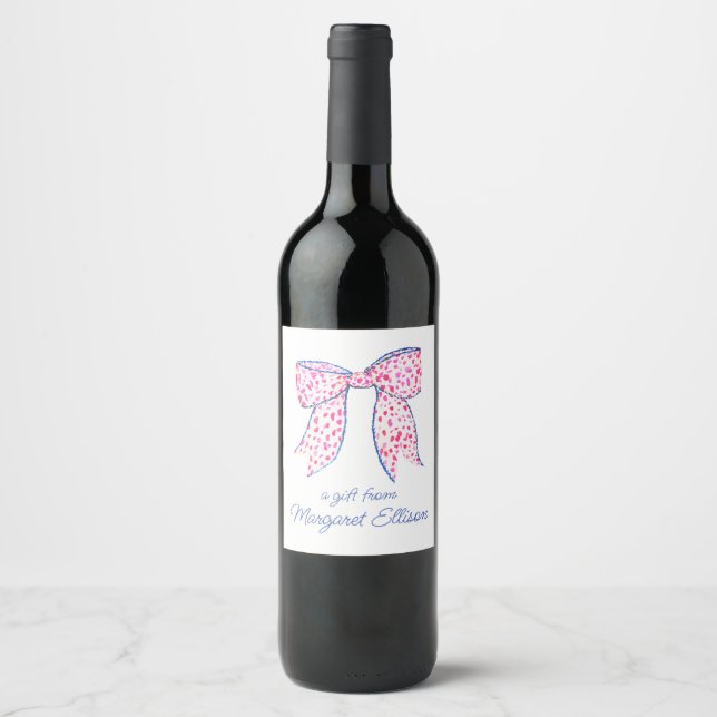 Watercolor Pink Polka Dot Bow Wine Label (Front)