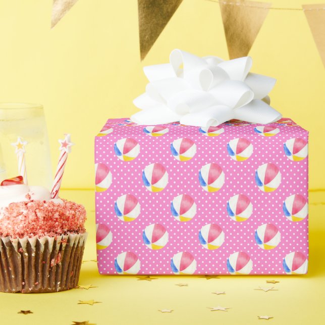 Watercolor Pink Polka Dots Beach Balls Wrapping Paper (Birthday Party)