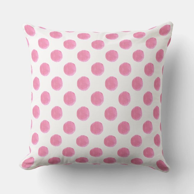 watercolor pink polka dots dotty outdoor pillow (Front)