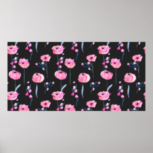 Watercolor pink poppies and floral branches seamle poster